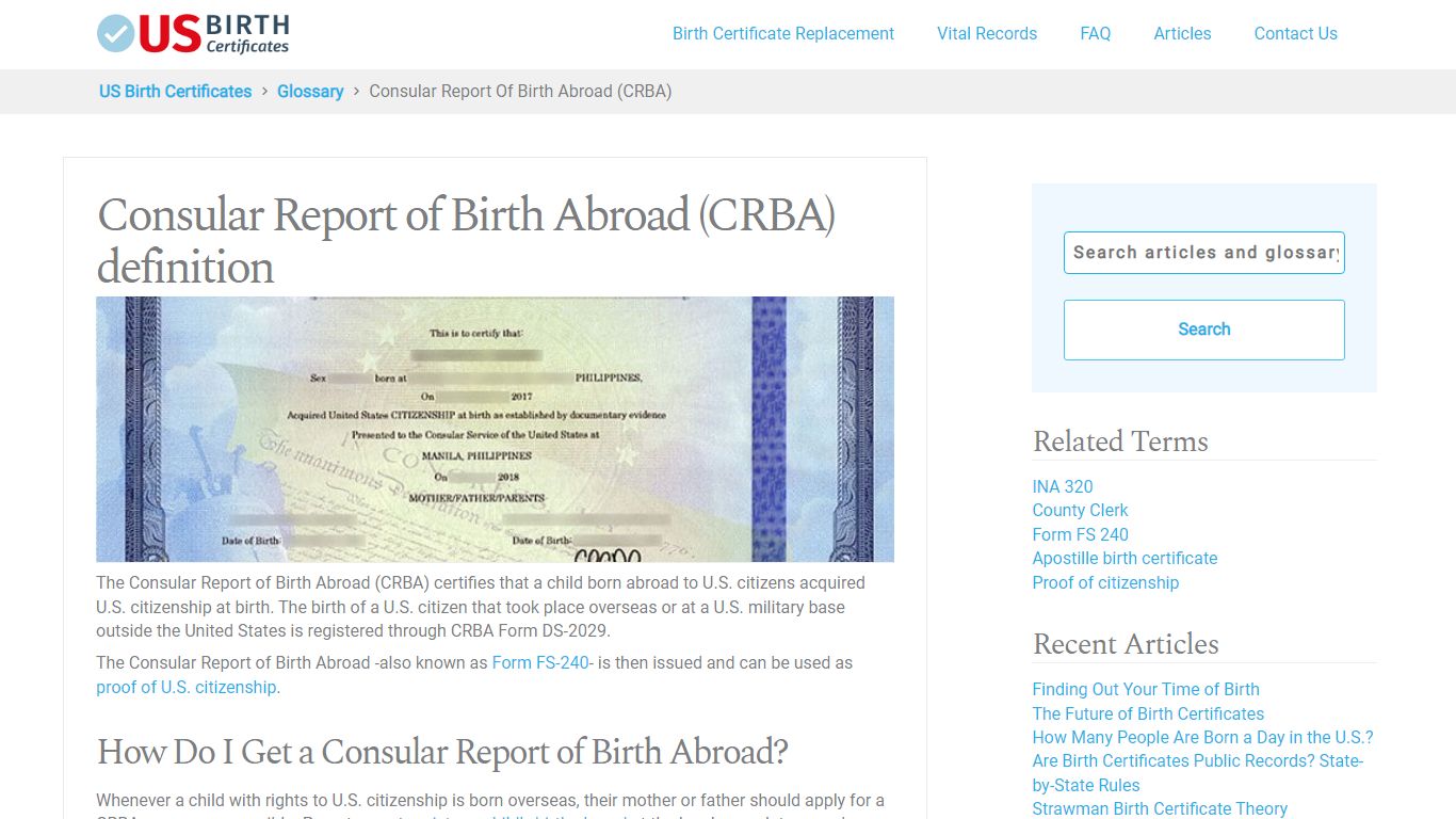 Consular Report of Birth Abroad (CRBA) definition - US Birth Certificates